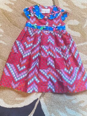Cajou Daxar red print dress with Blue Collar and shell buttons